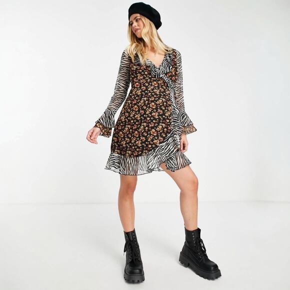 ASOS Maternity Dresses & Skirts - ASOS Design Wrap Mini Dress Zebra Dark Floral Bell Sleeve Ruffle Maternity 4